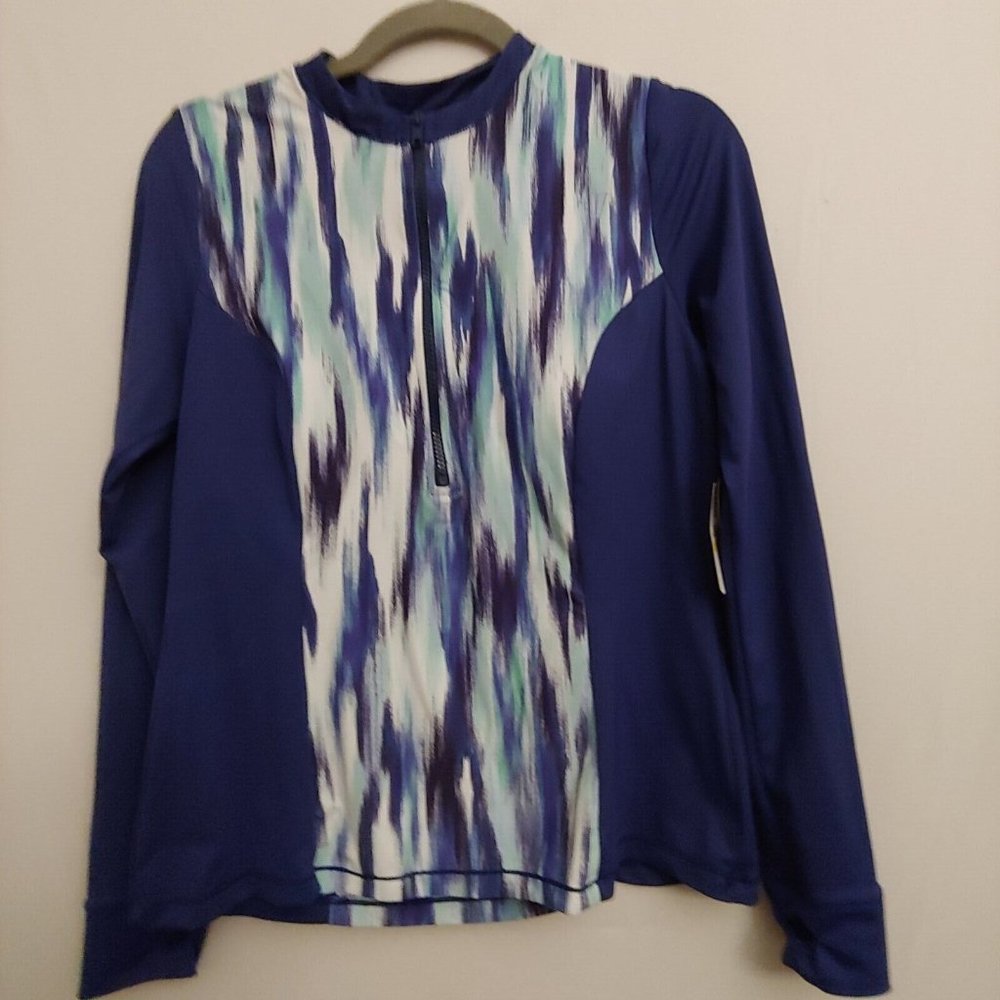 24th & Ocean womens blue and green long sleeve swim top with padding size M NWT